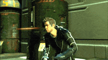 a man in a video game is holding a gun in front of a green cylinder with the number 51 on it