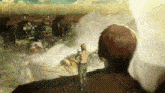 a man standing in front of a giant monster in a cartoon .