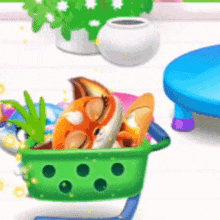 a green shopping cart filled with stuffed animals and plants on a table .