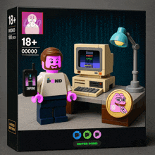 a lego set with a man standing in front of a computer and a coin that says enter pond
