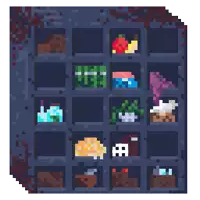 a pixel art illustration of a shelf with various items in it