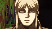 a close up of a person 's face with a sign in the background that says kenchan