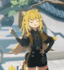 a yellow haired anime character with chinese writing on her shirt and shorts