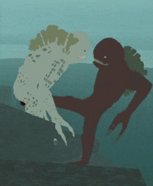 a cartoon of two monsters standing next to each other in the water .