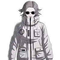a black and white drawing of a person wearing a jacket that says hibdd