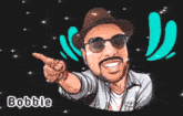 a cartoon of a man wearing a hat and sunglasses pointing at something