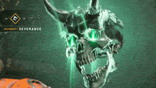 a video game screen shows a skull with horns and says secondary severance on the bottom