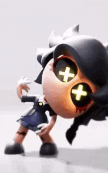a cartoon character with glowing eyes and a cross on her eyes is dancing .