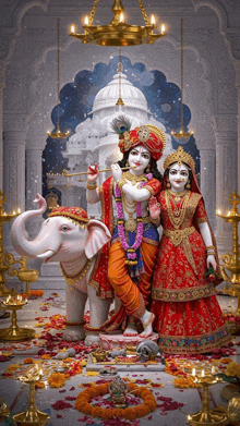 a statue of krishna and radha in a temple with an elephant