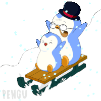 two penguins are sledding down a snowy hill and the word pengu is on the bottom