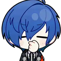 a cartoon of a boy with blue hair covering his mouth