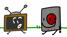 a cartoon drawing of a tv with antennas and a red button in the background