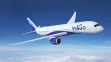 a blue and white indigo airplane is flying through the air