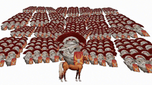a large group of roman helmets are displayed on a white background with a horse in the foreground