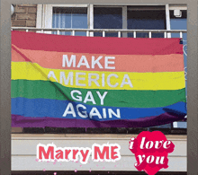 a rainbow flag with the words make america gay again written on it