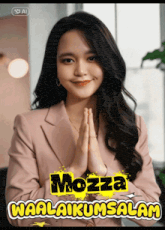 a woman with her hands folded and the name mozza on the bottom