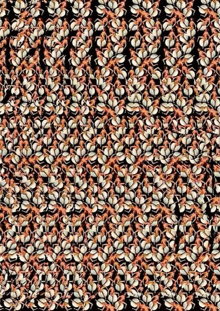 a close up of a knitted fabric with a pattern of leaves on a black background .