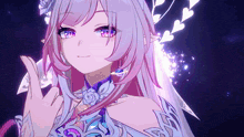 a girl with purple hair and pink eyes is making a peace sign