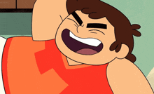 a cartoon character is laying down and smiling with his mouth wide open