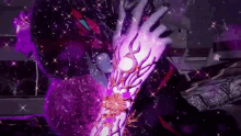 a close up of a person 's arm with a purple and white design on it .