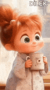 a little girl with red hair is holding a cup with a teddy bear on it