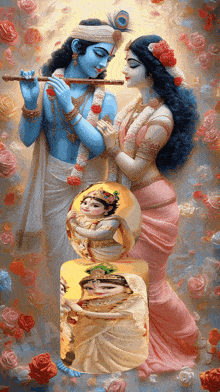 a painting of a man playing a flute and a woman holding a child