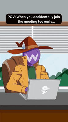 a cartoon of a man sitting at a desk with a laptop and a caption that says pov