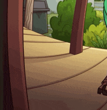 a cartoon drawing of a person standing on a wooden deck