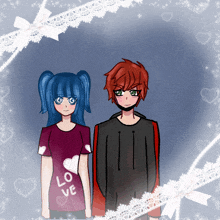 a boy and a girl standing next to each other with the girl wearing a shirt that says love
