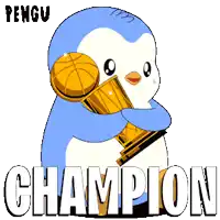 a penguin is holding a basketball and a trophy with the word champion below it