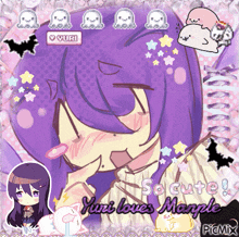 a picture of a girl with purple hair and the words so cute yuri loves mangle
