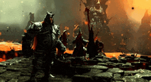 a video game scene with a giant monster standing in the middle of a lava flow