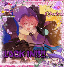 a picture of a girl in a witch costume with the words lock in written on it