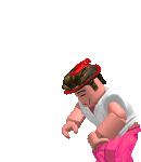 a roblox character wearing a white shirt and pink pants is standing with his hands on his hips .
