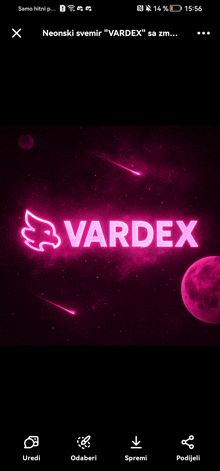 a neon sign that says vardex is on a phone screen