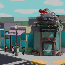 a cartoon drawing of a cafe called the crusty cafe