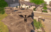 a goat with wings is flying over a rocky cliff
