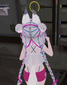 a girl in a video game is standing in front of a sign that says " high voltage "