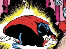 a cartoon of a man in a red cape kneeling down in front of a robot .