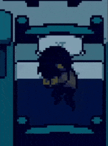 a pixel art of a person laying on a bed with the letter t on the pillow