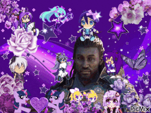 a picture of a man surrounded by purple flowers and ponies with the words picmix on the bottom