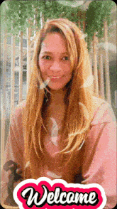 a picture of a woman with a welcome sticker on her face