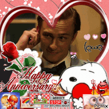 a picture of a man and a snoopy says happy anniversary