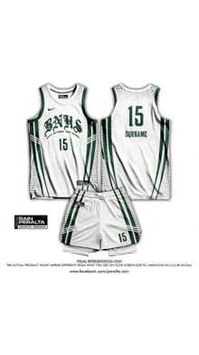 the front and back of a white and green basketball uniform with the number 15 on it .