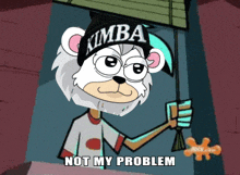 a cartoon bear wearing a hat that says kimba