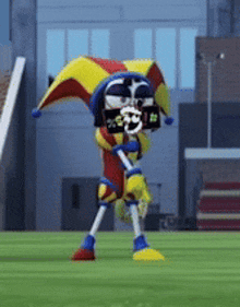 a cartoon character is standing on a field wearing sunglasses and a jester costume .