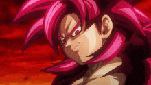 a close up of a person with pink hair and red eyes