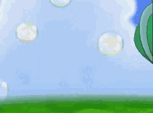 a green cartoon character is blowing soap bubbles in a field .
