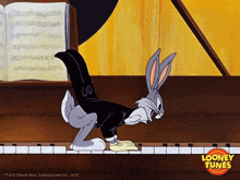 a cartoon of bugs bunny playing a piano with looney tunes in the corner