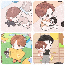 a collage of four drawings of a boy holding a baby